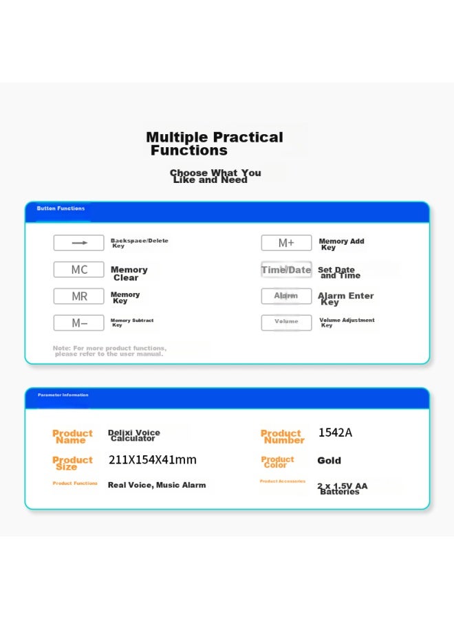 Deli Digit Large Screen Voice Calculator With Alarm Clock And Calendar Functions, Student/office Mental Math, Large Gold, 1542a, 211x154x41mm - Image 4