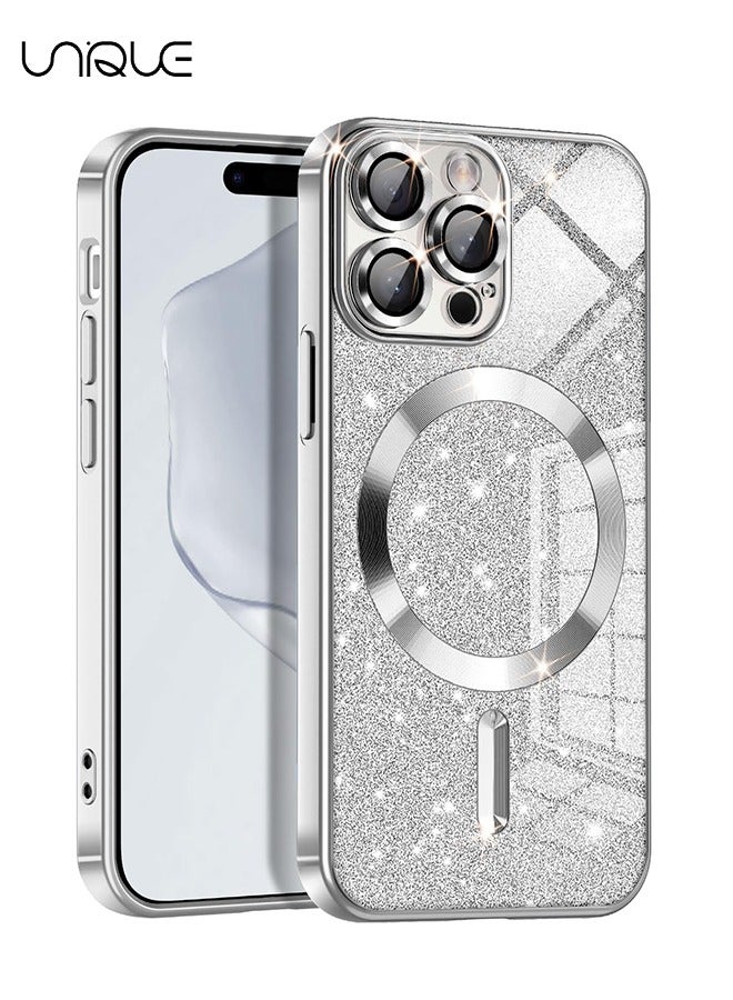 Unique For iPhone 16 Pro Max Case Glitter Magnetic Compatible with MagSafe Full Camera Lens Protection Luxury Plating Lovely  Bling Clear Shockproof Slim Phone Case for Women Girls, Silver - Image 1