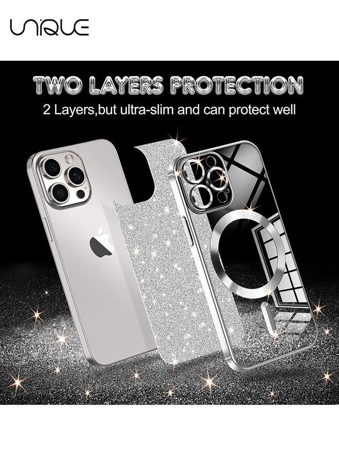 Unique For iPhone 16 Pro Max Case Glitter Magnetic Compatible with MagSafe Full Camera Lens Protection Luxury Plating Lovely  Bling Clear Shockproof Slim Phone Case for Women Girls, Silver - Image 2