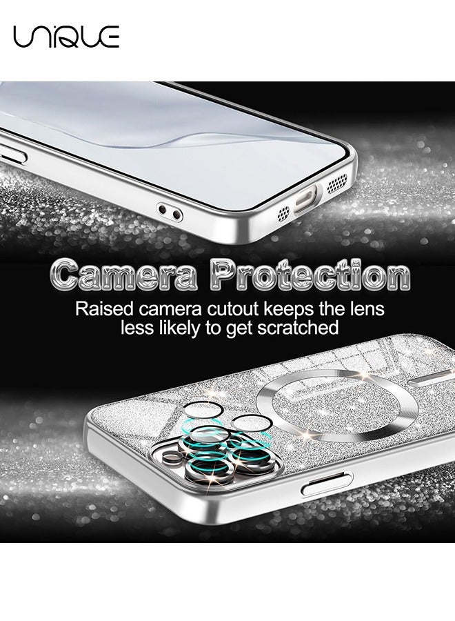 Unique For iPhone 16 Pro Max Case Glitter Magnetic Compatible with MagSafe Full Camera Lens Protection Luxury Plating Lovely  Bling Clear Shockproof Slim Phone Case for Women Girls, Silver - Image 4