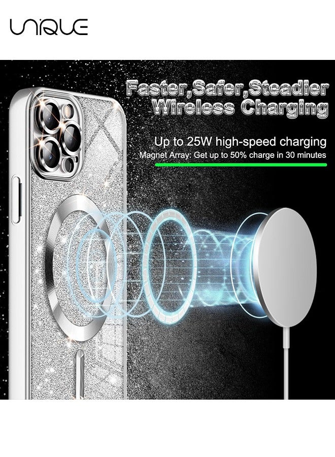 Unique For iPhone 16 Pro Max Case Glitter Magnetic Compatible with MagSafe Full Camera Lens Protection Luxury Plating Lovely  Bling Clear Shockproof Slim Phone Case for Women Girls, Silver - Image 5
