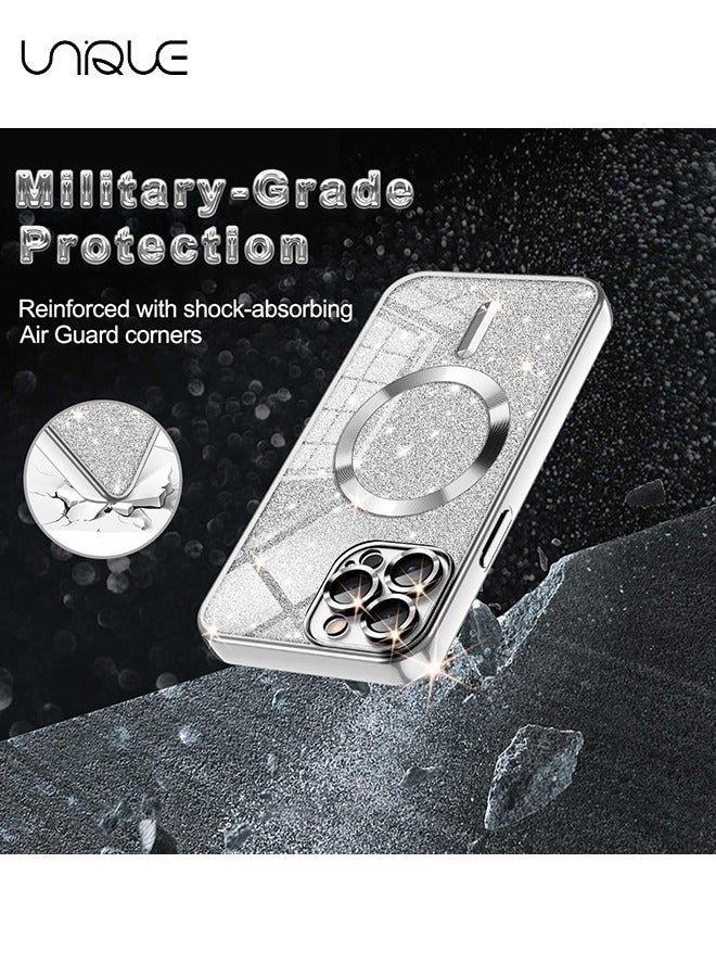 Unique For iPhone 16 Pro Max Case Glitter Magnetic Compatible with MagSafe Full Camera Lens Protection Luxury Plating Lovely  Bling Clear Shockproof Slim Phone Case for Women Girls, Silver - Image 3