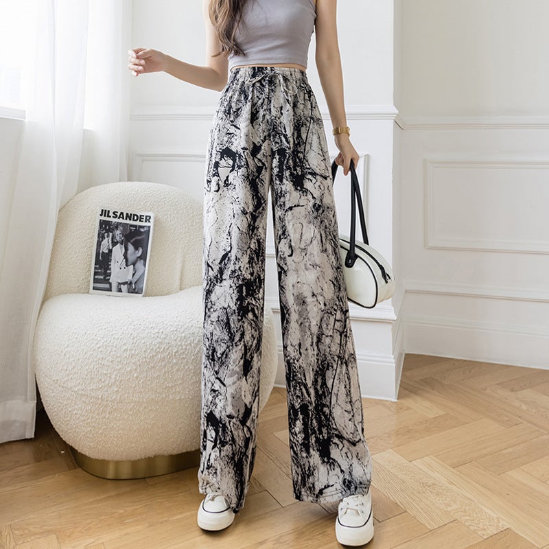 Spring Summer Tie-Dye Wide-Leg Pants for Women with Leopard Print and Casual Ice Silk ink painting