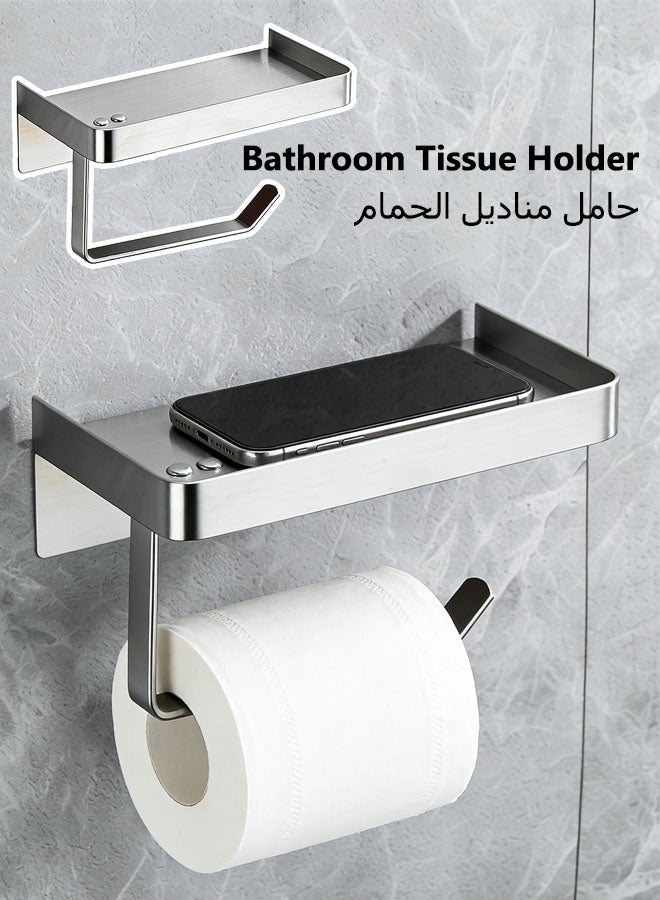 حامل مناديل حمام، حامل ورق تواليت مع رف للهاتف، حامل مناديل للحمام، مع صينية للساعة والملحقات | حامل ورق حائطي، تخزين حمام من الفولاذ المقاوم للصدأ - Image 1