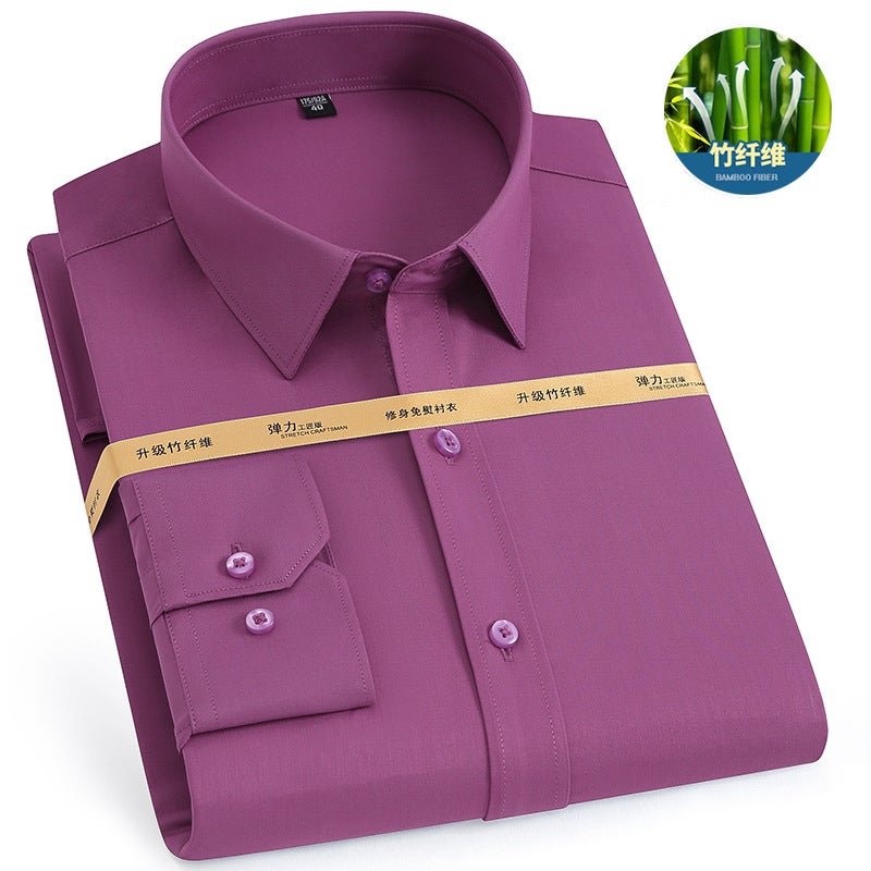 Bamboo Fiber Non-ironing Shirt Mens Long-sleeved Elastic Anti-wrinkle Professional Work Clothes Solid Color Slim-fit Business Shirt mallow purple 