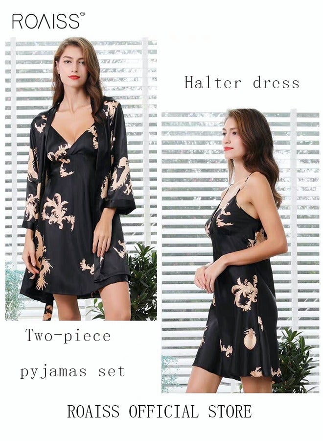 roaiss فستان انزلاقي بحجم كبير ورداء للنساء بنمط تنين من الحرير بيجاما رداء هدية لصديقتك أو زوجتك ملابس استرخاء صيفية ملابس نوم للنساء - Image 1
