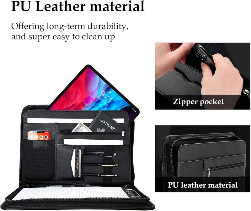 Procase Portfolio Business Padfolio Folder with Zipper, Conference Meeting Executive File Legal Document Organizer with Pockets Letter Size A4 Writing Pad Notepad Padfolio -Black - Image 4