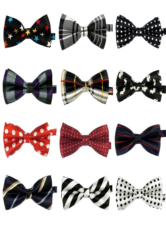 LilMents 12 Pack Boys Mixed Designs Adjustable Pre Tied Bow Necktie Tie Set (Set A) - Image 1