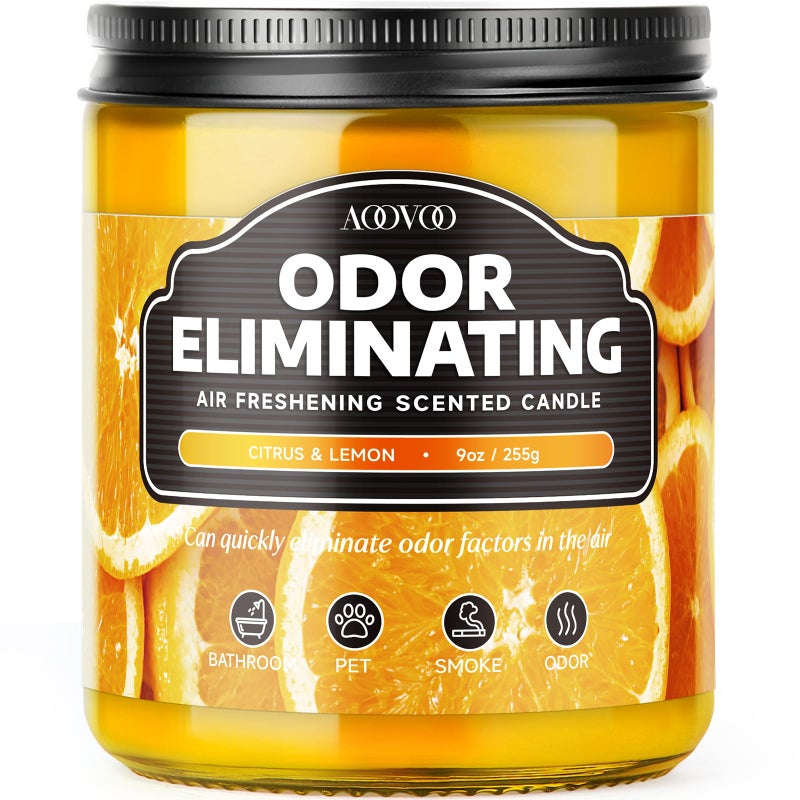 AOOVOO Citrus Lemon Odor Eliminating Highly Fragranced Candle - Eliminates 95% of Pet, Smoke, Food, and Other Smells Quickly, Non Toxic Air Freshing Soy Candle, 9 oz Up to 50 Hours Burn time - Image 1