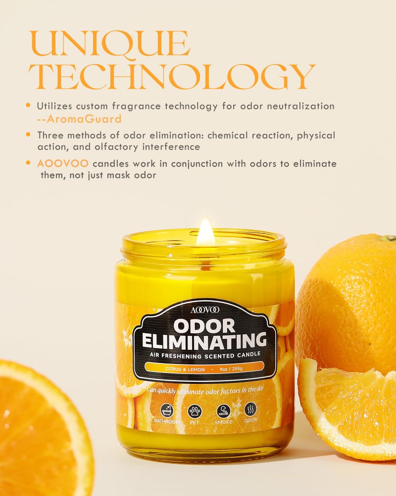 AOOVOO Citrus Lemon Odor Eliminating Highly Fragranced Candle - Eliminates 95% of Pet, Smoke, Food, and Other Smells Quickly, Non Toxic Air Freshing Soy Candle, 9 oz Up to 50 Hours Burn time - Image 2