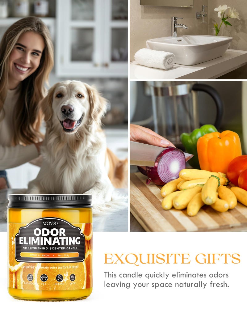 AOOVOO Citrus Lemon Odor Eliminating Highly Fragranced Candle - Eliminates 95% of Pet, Smoke, Food, and Other Smells Quickly, Non Toxic Air Freshing Soy Candle, 9 oz Up to 50 Hours Burn time - Image 4