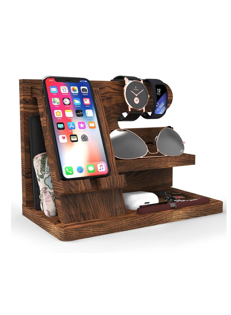 Arabest Wooden Mobile Phone Storage Rack, Office Desktop Charging Stand, Watch Multi-purpose Entrance Glasses Storage Rack, Organizer Desk Organizer Wood Gifts for Men (Brown)  - Image 1