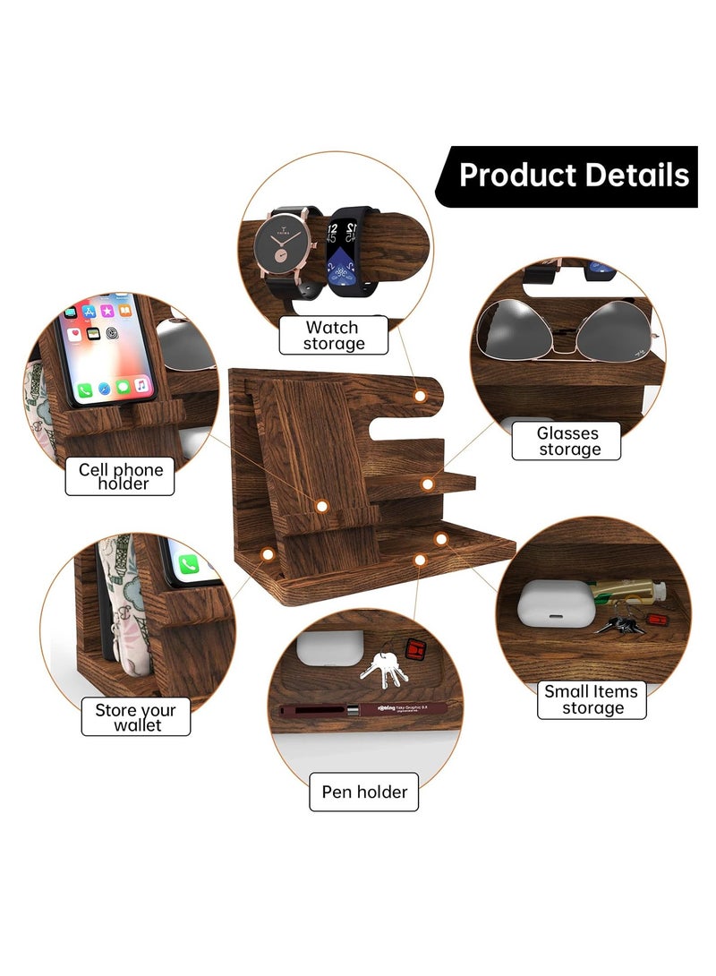 Arabest Wooden Mobile Phone Storage Rack, Office Desktop Charging Stand, Watch Multi-purpose Entrance Glasses Storage Rack, Organizer Desk Organizer Wood Gifts for Men (Brown)  - Image 2
