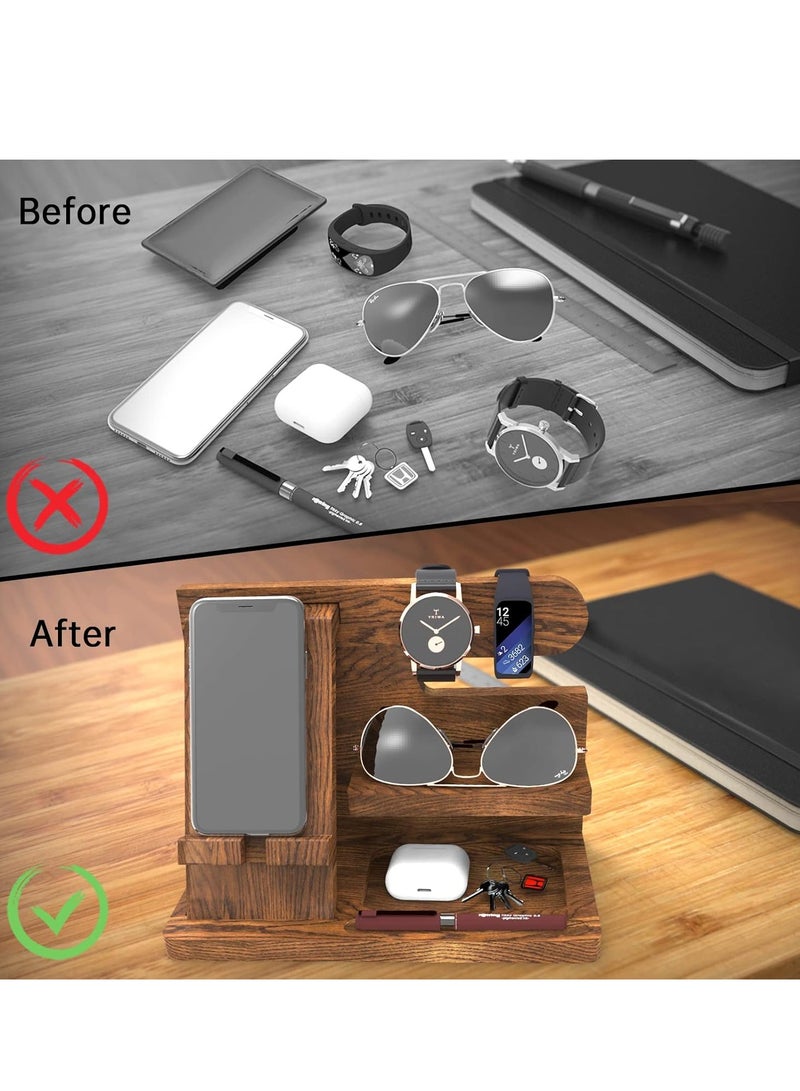 Arabest Wooden Mobile Phone Storage Rack, Office Desktop Charging Stand, Watch Multi-purpose Entrance Glasses Storage Rack, Organizer Desk Organizer Wood Gifts for Men (Brown)  - Image 4