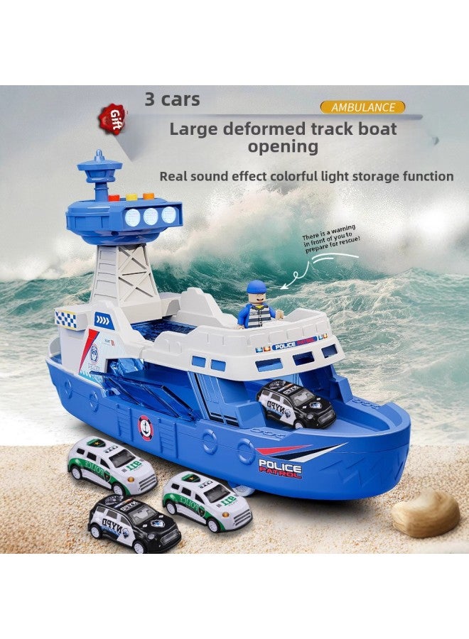 Oversized Children's Boat Toy Sound And Light Ship Model Boy Police Fire Can Be Stored Car 61 Gift-Color:Ready Stock, Quick Delivery - Extra Large Police Boat * 3 Alloy Cars Included*  - Image 2