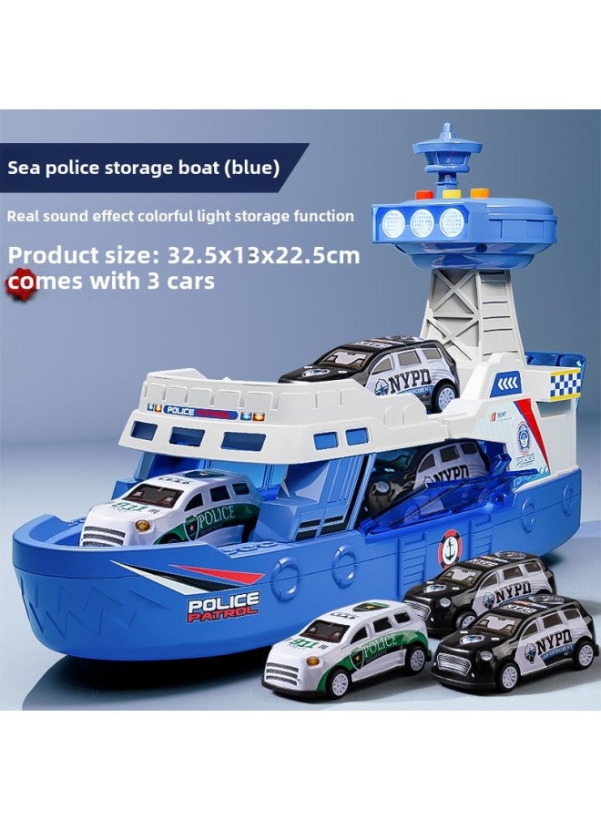Oversized Children's Boat Toy Sound And Light Ship Model Boy Police Fire Can Be Stored Car 61 Gift-Color:Ready Stock, Quick Delivery - Extra Large Police Boat * 3 Alloy Cars Included*  - Image 1