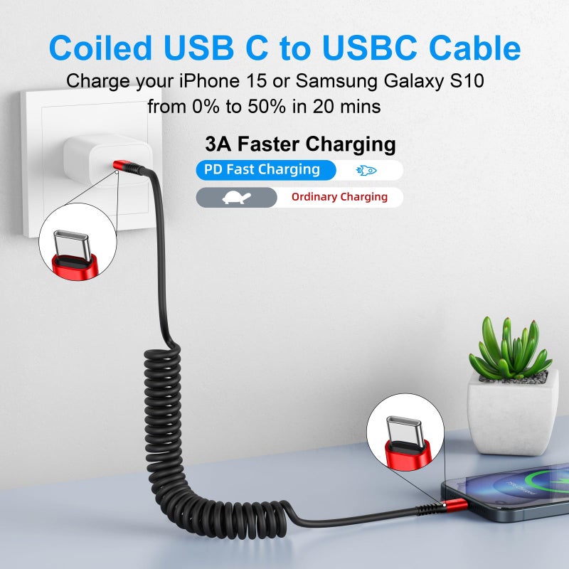 KIYODA Coiled USB C Cable for Car 3FT & 6FT, USB C to USB C Fast Charging Cable USB Type C Cord Compatible with iPhone 17/16/15/Plus/Pro/Pro Max/MacBook Pro 2020/iPad Pro 2020/Samsung Galaxy S23-Red - Image 2