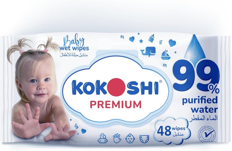 Kokoshi Premium, 48 Wet Baby Wipes | 99% Pure Water & Vitamin E – Hypoallergenic, Alcohol-Free, Fragrance-Free Baby Wipes for Newborns & Sensitive Skin - Image 1