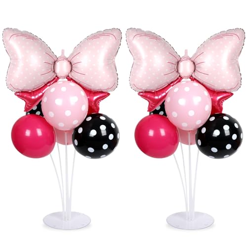 Naozinebi Pink Mouse Party Balloons Stand Kit 2 Sets with 2 Bow Foil Balloons Cartoon Mouse Themed Party Centerpiece for Table Pink and Black Bow Girls Women Gender Reveal Baby Shower Birthday Party Decoration - Image 1