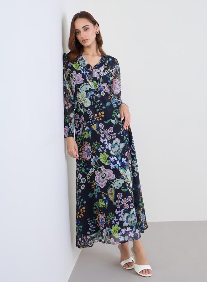 Floral Maxi Dress with Fold Pleat