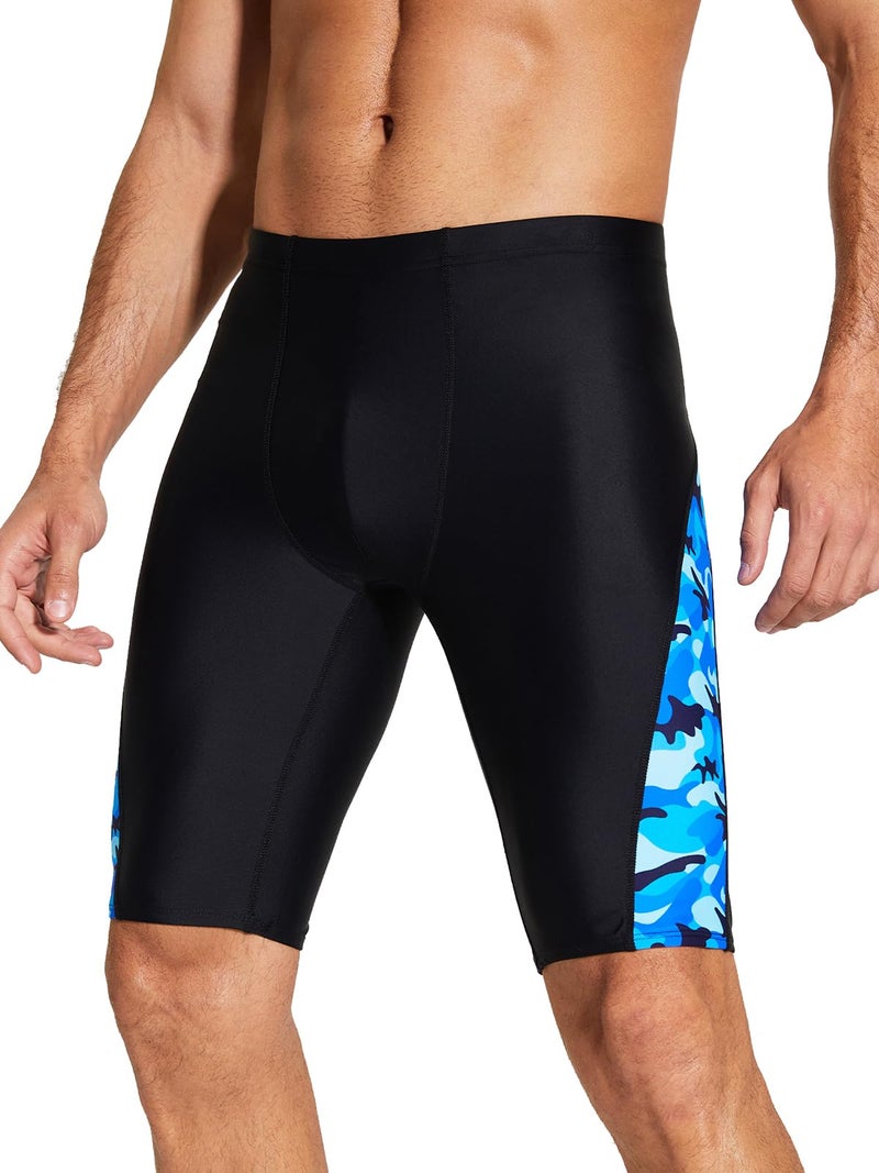 DEVOROPA Men's Swim Jammers Athletic Swimwear Racing Training Team Swimsuit Lap Competition Long Swimming Shorts Black/Wave Size 34 - Image 2