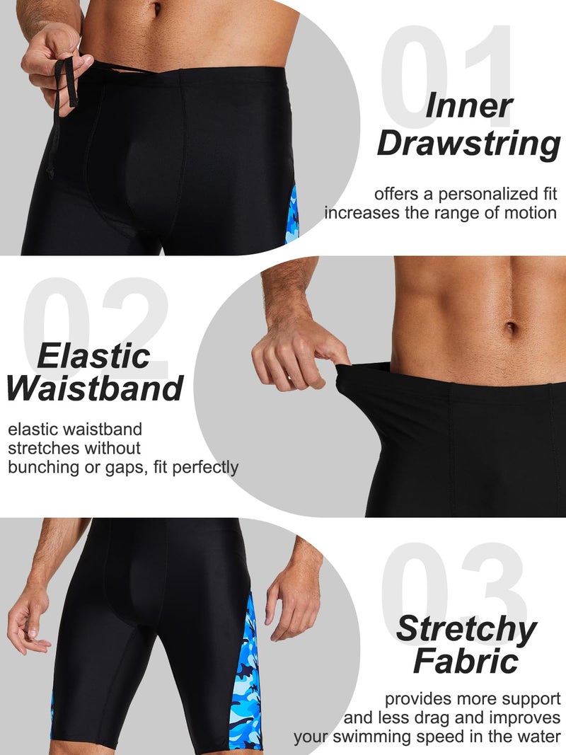 DEVOROPA Men's Swim Jammers Athletic Swimwear Racing Training Team Swimsuit Lap Competition Long Swimming Shorts Black/Wave Size 34 - Image 4