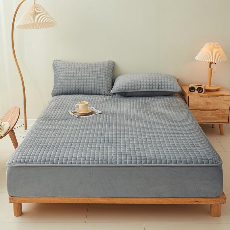 LweiPsqLin Quilted Flannel Fitted Sheets,Soft Flannel Fleece Mattress Top- Suitable for Fall and Winter,Fitted Deep Pocket Up to 15''. (Gray, Queen) - Image 1
