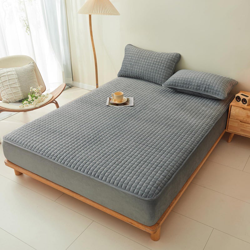 LweiPsqLin Quilted Flannel Fitted Sheets,Soft Flannel Fleece Mattress Top- Suitable for Fall and Winter,Fitted Deep Pocket Up to 15''. (Gray, Queen) - Image 2