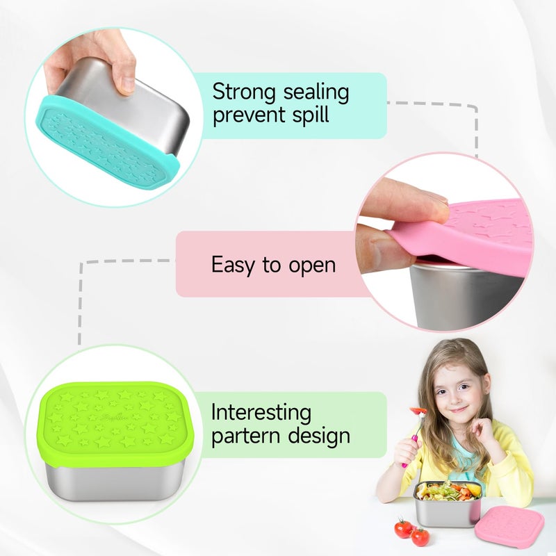 SOPHICO Stainless Steel 14 OZ Snack Containers for Kidsï¼ŒFood Storage Container with Silicone Lid - Perfect 304 Metal Toddler Lunch Box for Daycare and School, Leak Proof (MIX, 4 PACK) - Image 2