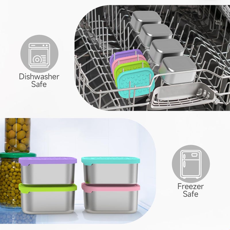 SOPHICO Stainless Steel 14 OZ Snack Containers for Kidsï¼ŒFood Storage Container with Silicone Lid - Perfect 304 Metal Toddler Lunch Box for Daycare and School, Leak Proof (MIX, 4 PACK) - Image 4