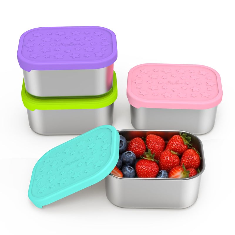 SOPHICO Stainless Steel 14 OZ Snack Containers for Kidsï¼ŒFood Storage Container with Silicone Lid - Perfect 304 Metal Toddler Lunch Box for Daycare and School, Leak Proof (MIX, 4 PACK) - Image 1