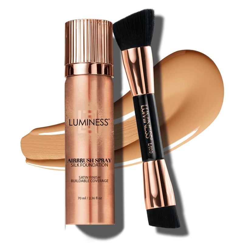 LUMINESS LUMINESS Silk Airbrush Spray Foundation  Buffing Brush Kit  Full Coverage Foundation  DualSided Buffing Brush  Buildable Coverage AntiAging Formula Hydrates  Moisturizes Shade  Medium 