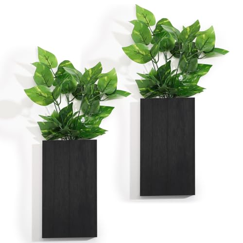 Vesici Wood Wall Planter Vase with Artificial Plants Indoor Plants Holder Pocket Farmhouse Wooden Wall Flower Vase Hanging Plant Decor for Bedroom Kitchen Office Home(2 Pcs,Green Plants) - Image 1