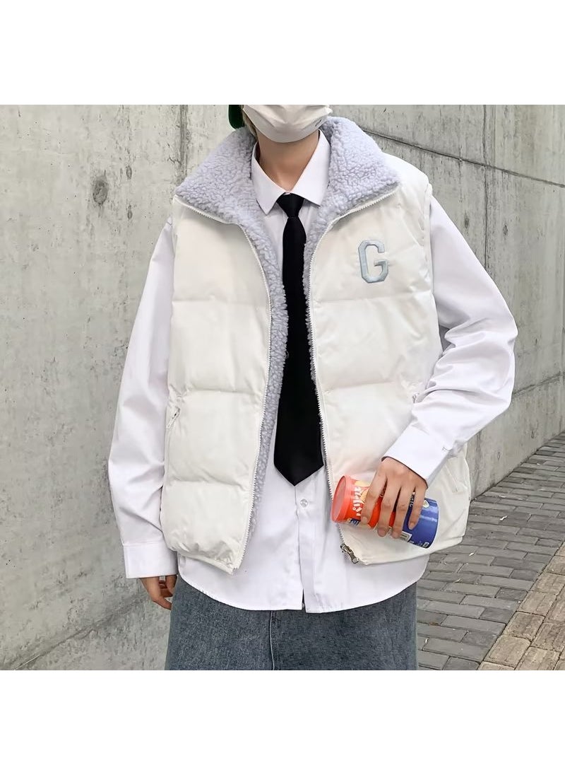 Generic Mens Autumn/winter Loose-fit Trendy Casual Double-sided Wearable Cotton Vestjacket Sheep Velvet Surf Style Hong Kong Fashion White spell Blue 