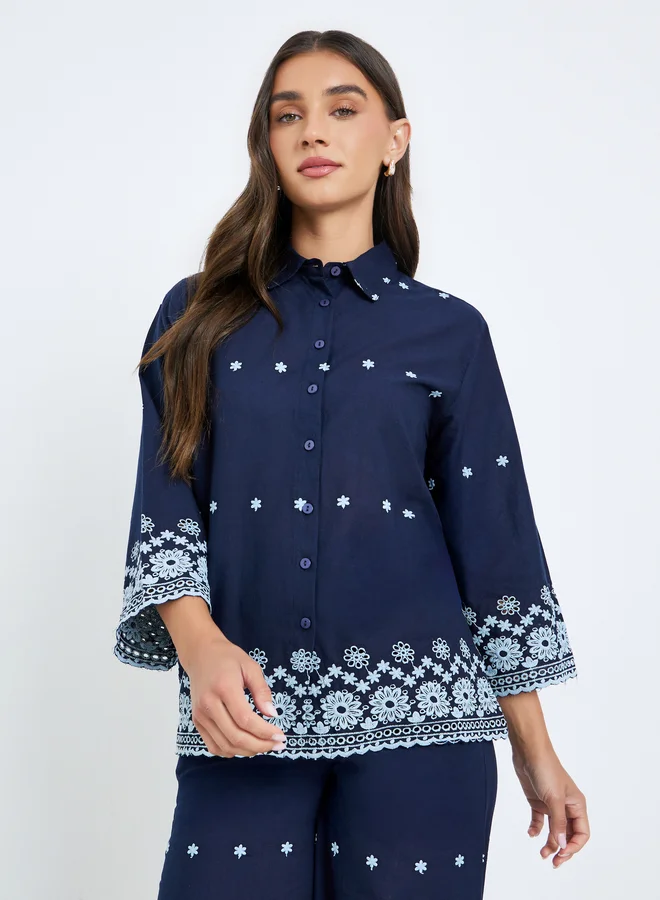 Styli Women Navy Embroidered Shirt and Trousers Co-Ords