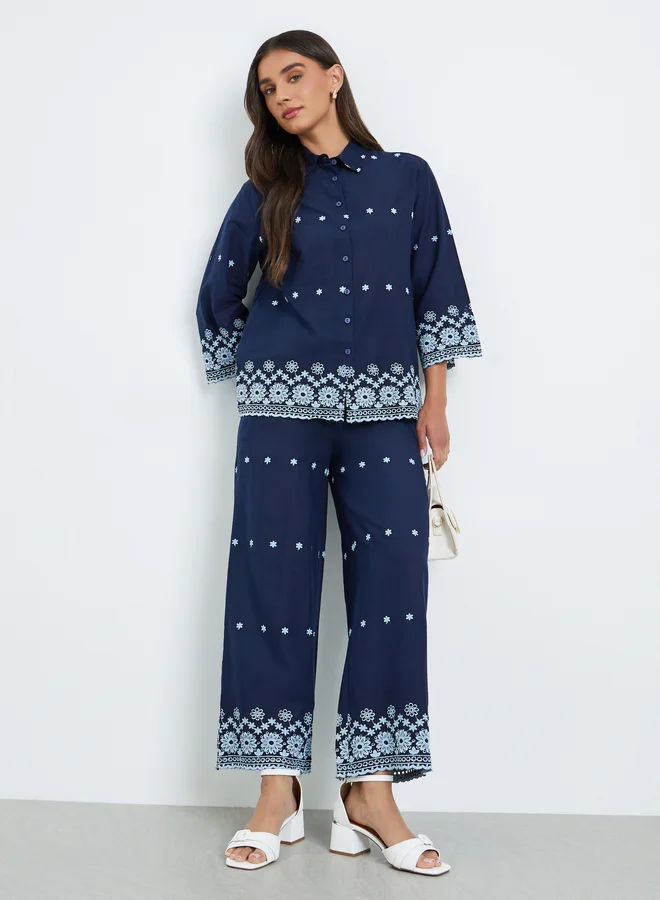 Women Navy Embroidered Shirt and Trousers Co-Ords