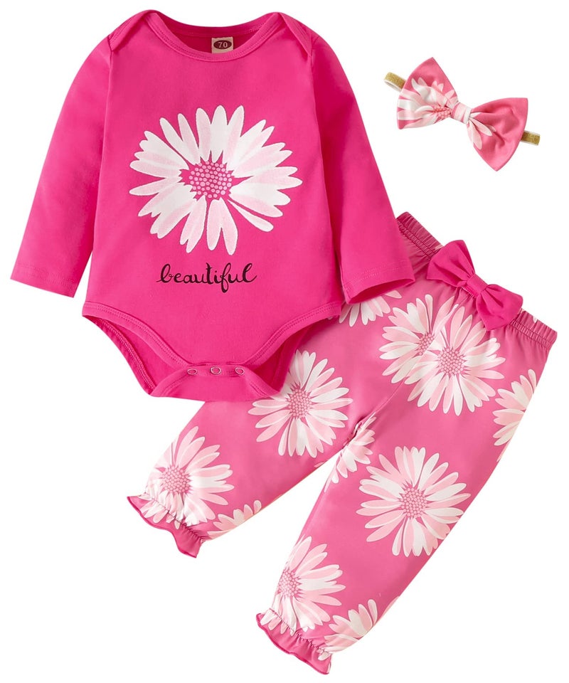 Fullfamous Newborn Baby Girl Clothes Gifts Outfits,Fall Winter Long Sleeve Romper and Pant Set Raspberry Sunflower 0-3 months - Image 1