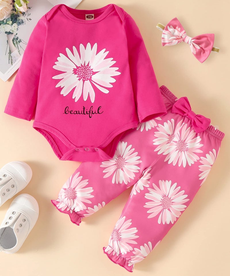 Fullfamous Newborn Baby Girl Clothes Gifts Outfits,Fall Winter Long Sleeve Romper and Pant Set Raspberry Sunflower 0-3 months - Image 3