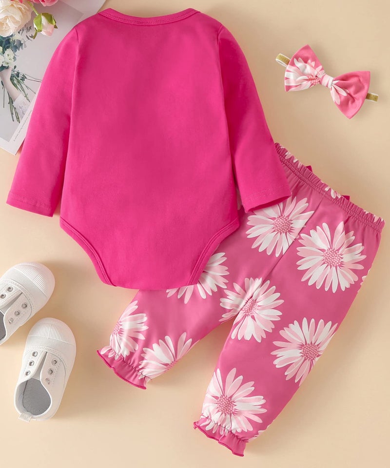 Fullfamous Newborn Baby Girl Clothes Gifts Outfits,Fall Winter Long Sleeve Romper and Pant Set Raspberry Sunflower 0-3 months - Image 4