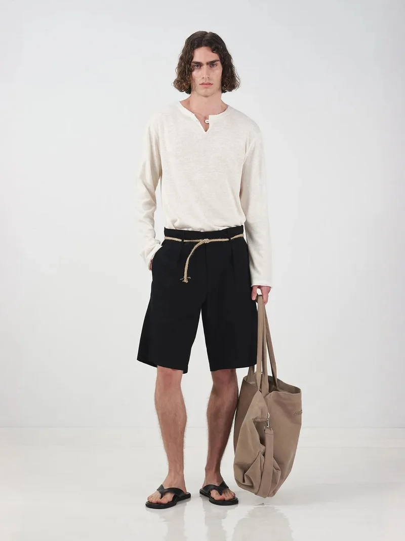 جيستو GIESTO Mid Waist Relaxed Fit Belted Poplin Shorts