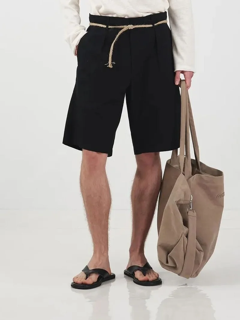 جيستو GIESTO Mid Waist Relaxed Fit Belted Poplin Shorts