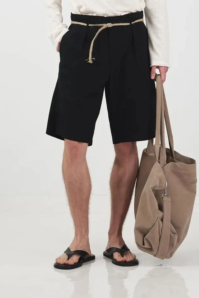 GIESTO Mid Waist Relaxed Fit Belted Poplin Shorts