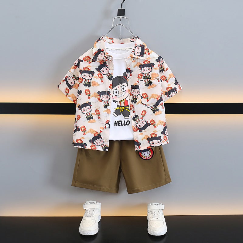Boys Summer Suit Kidsren'S Summer Short-Sleeved Shorts Two-Piece Set Handsome Boy Nezha Clothes Trendy - Image 1