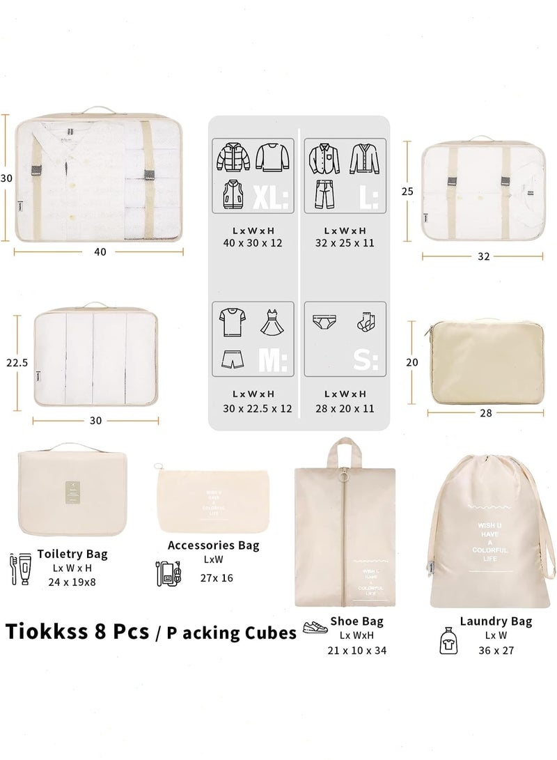 Topyich 8PCS Packing Cubes Set for Travel, Lightweight Beige Suitcase Organizers, Waterproof Travel Storage Bags for Carry On - Image 2