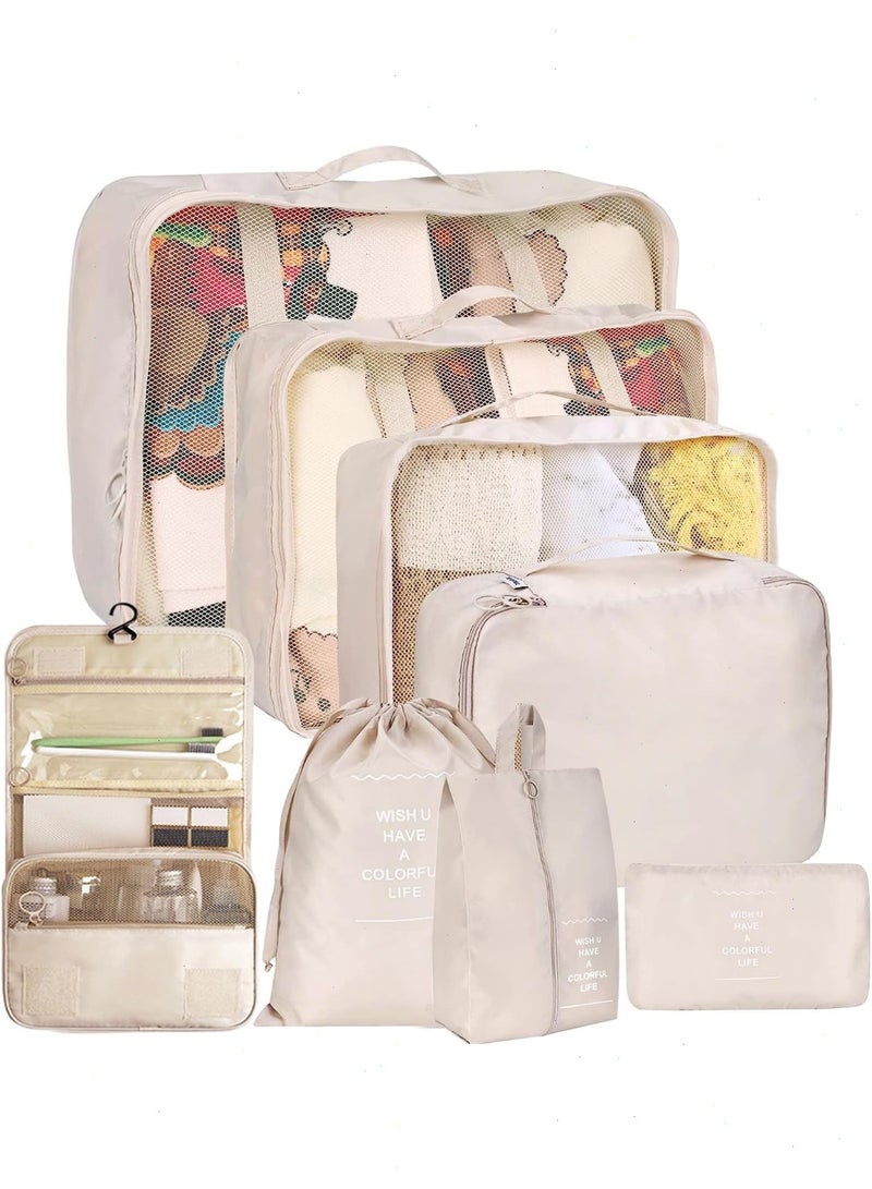 Topyich 8PCS Packing Cubes Set for Travel, Lightweight Beige Suitcase Organizers, Waterproof Travel Storage Bags for Carry On - Image 1