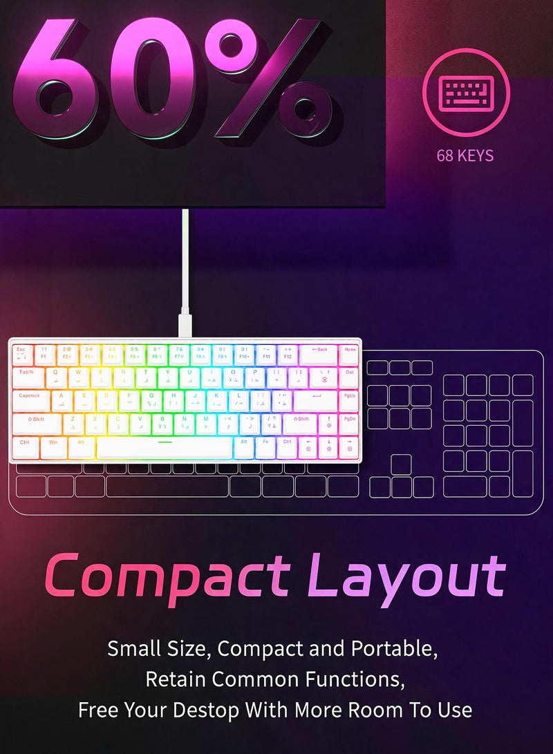 UCHUANG 68-Key English Arabic Mechanical Keyboard, Red Switch Hybrid Light Compact Mini Wired Keyboard for PC, Mac E-sports Portable Gaming Keyboard - White - Image 2