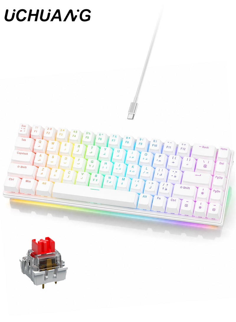 UCHUANG 68-Key English Arabic Mechanical Keyboard, Red Switch Hybrid Light Compact Mini Wired Keyboard for PC, Mac E-sports Portable Gaming Keyboard - White - Image 1