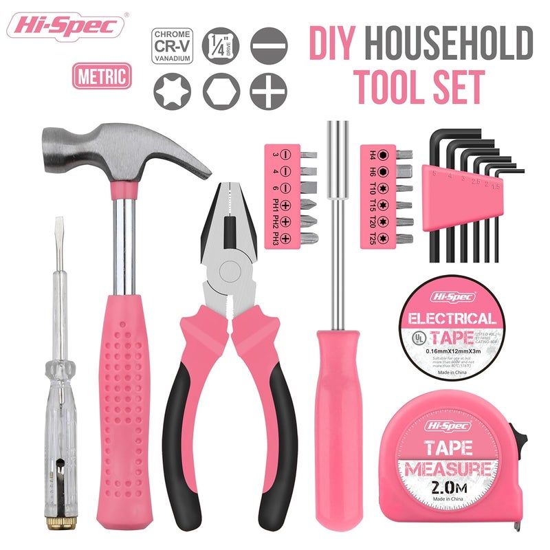 Hi-Spec Hi-Spec 24pc Pink Household DIY Tool Kit for Women. Small Mini Tool Box Set of Starter Basic Ladies Tools For Home & Office - Image 2
