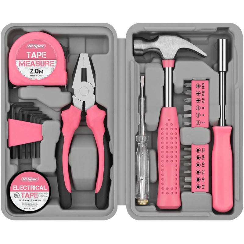 Hi-Spec Hi-Spec 24pc Pink Household DIY Tool Kit for Women. Small Mini Tool Box Set of Starter Basic Ladies Tools For Home & Office - Image 1