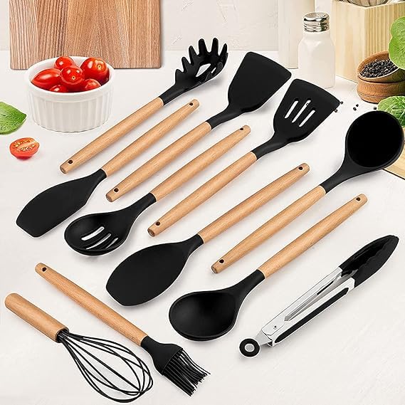 VAKTAVYA VAKTAVYA 11Pcs NonStick Silicone Spatula Set for Kitchen with Wooden Handle Cookware Utensil Tong Whisk Ladle Basting Brush Slotted Turner Spoon Pasta Server  - Image 1